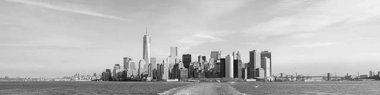 Lower Manhattan seen from the water, in black and white